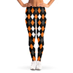 Orange Black Grey And White Argyle Print Women's Leggings