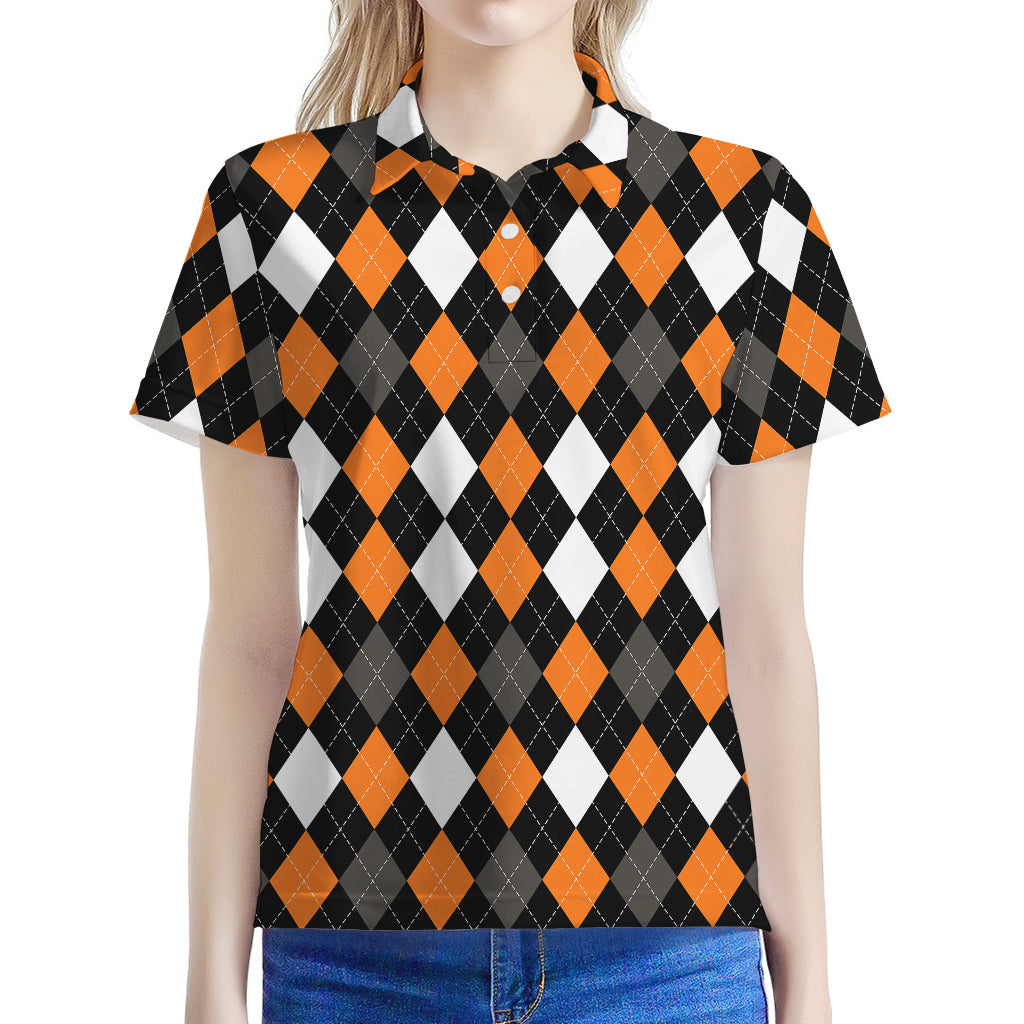 Orange Black Grey And White Argyle Print Women's Polo Shirt