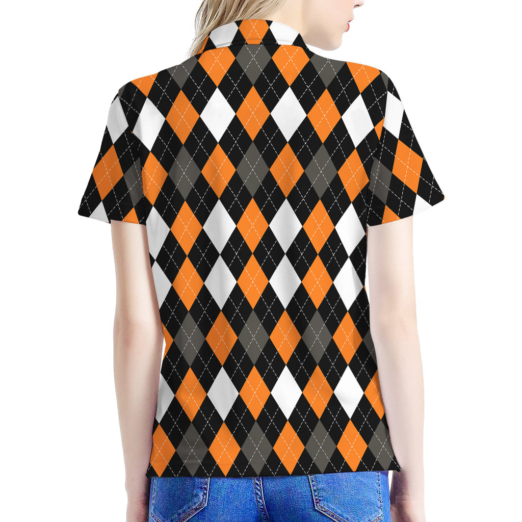 Orange Black Grey And White Argyle Print Women's Polo Shirt