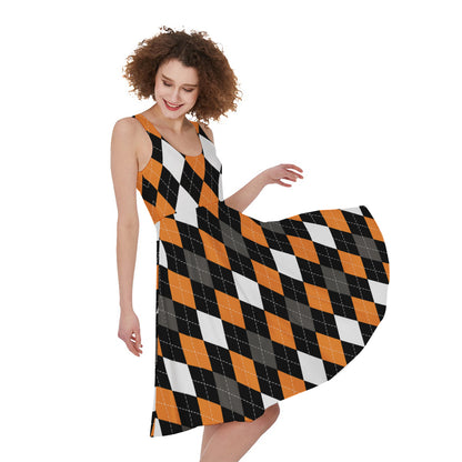 Orange Black Grey And White Argyle Print Women's Sleeveless Dress