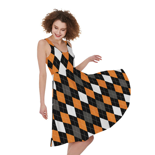 Orange Black Grey And White Argyle Print Women's Sleeveless Dress
