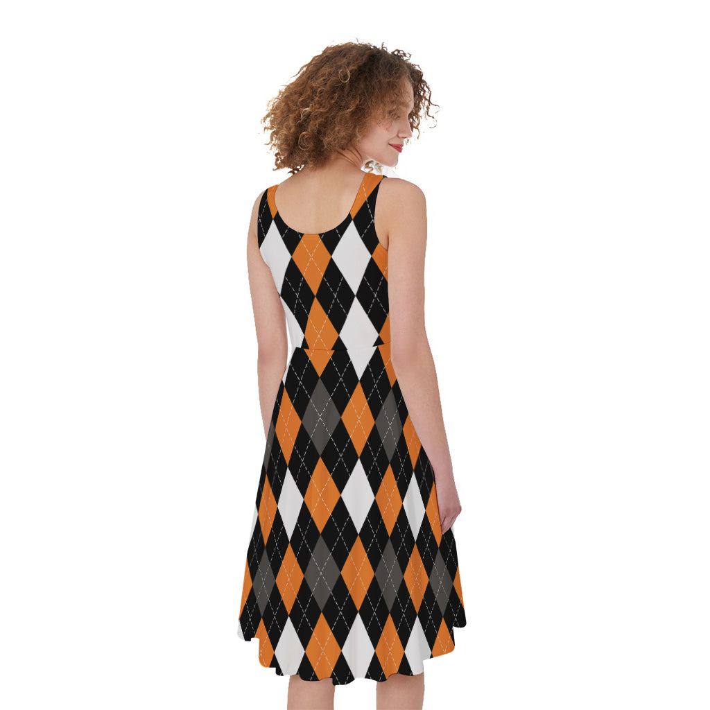Orange Black Grey And White Argyle Print Women's Sleeveless Dress