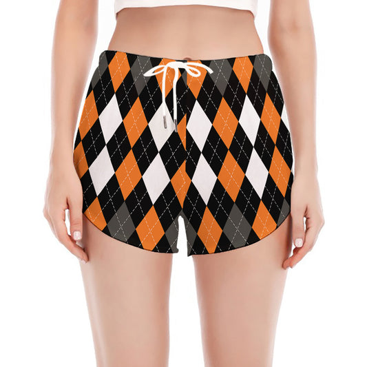 Orange Black Grey And White Argyle Print Women's Split Running Shorts