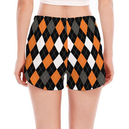 Orange Black Grey And White Argyle Print Women's Split Running Shorts