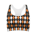 Orange Black Grey And White Argyle Print Women's Sports Bra