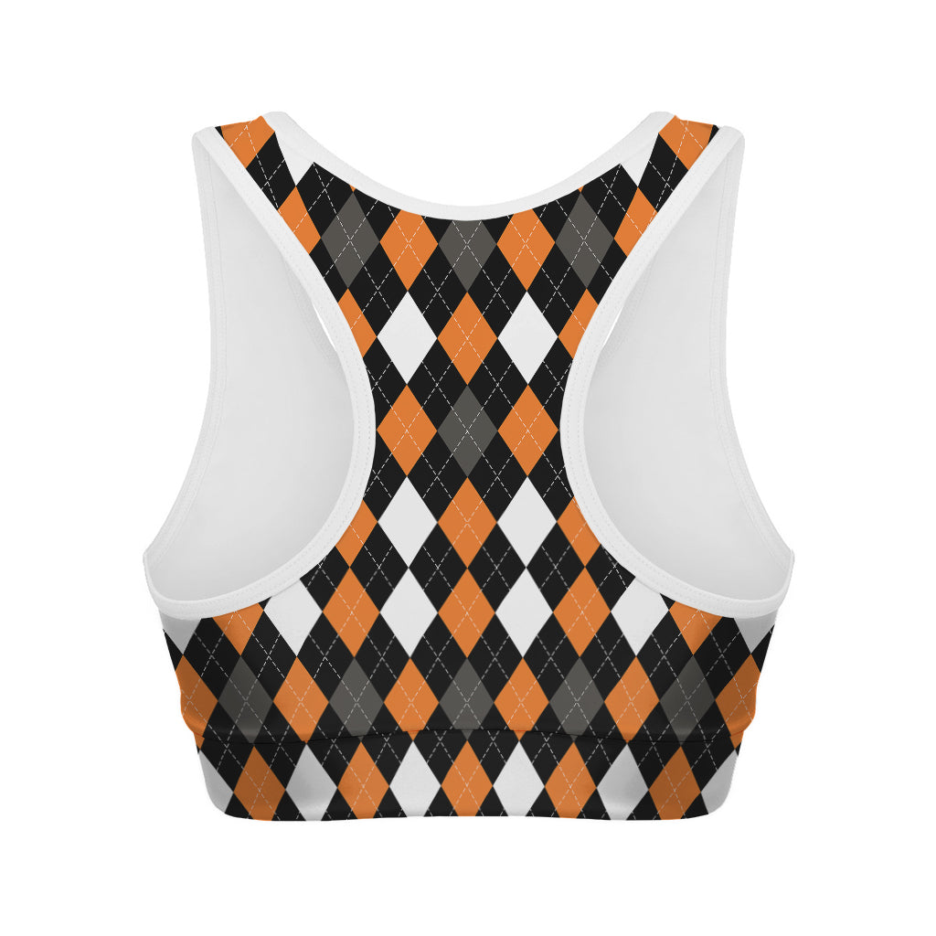 Orange Black Grey And White Argyle Print Women's Sports Bra