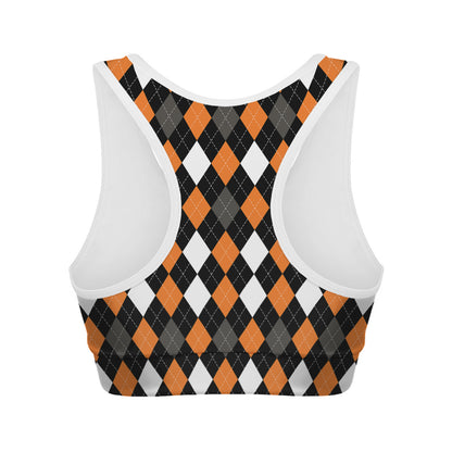 Orange Black Grey And White Argyle Print Women's Sports Bra