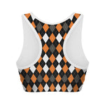 Orange Black Grey And White Argyle Print Women's Sports Bra