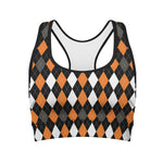 Orange Black Grey And White Argyle Print Women's Sports Bra