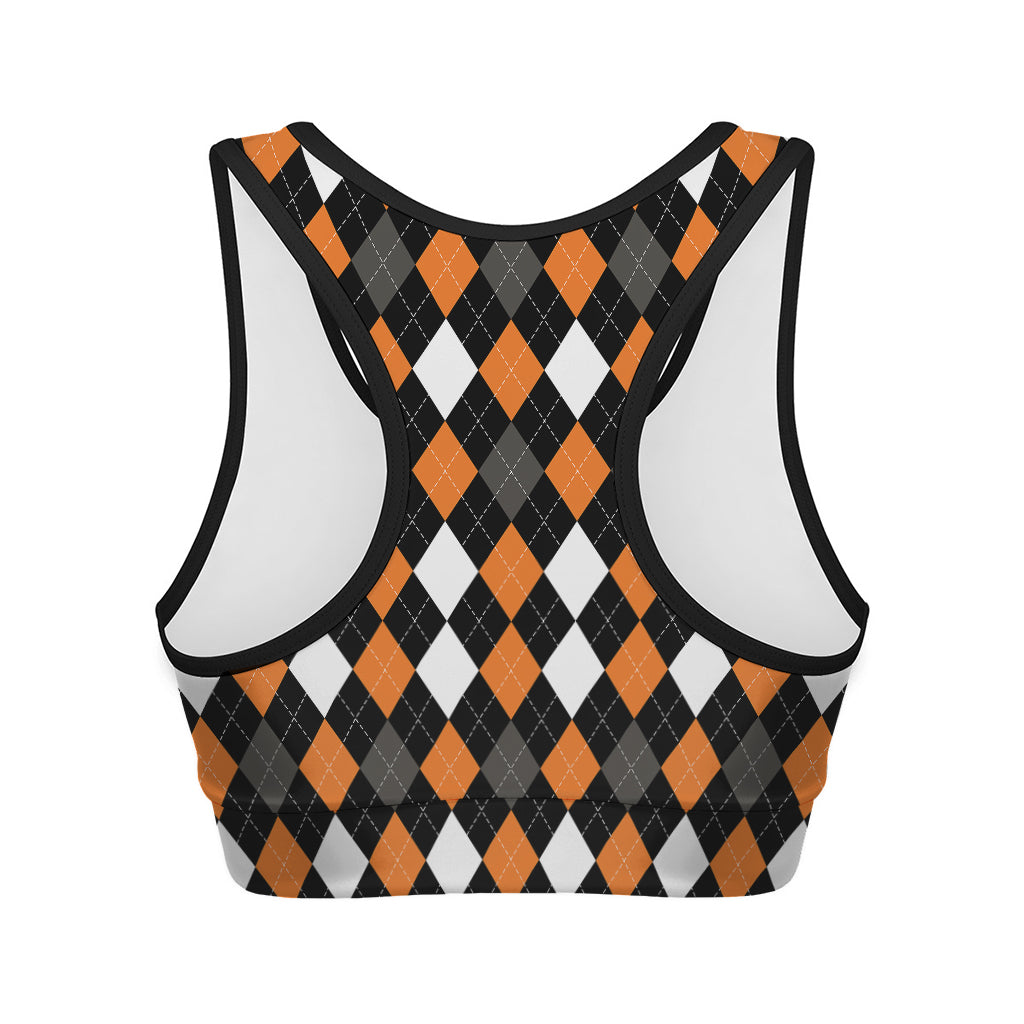 Orange Black Grey And White Argyle Print Women's Sports Bra