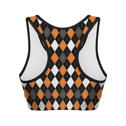Orange Black Grey And White Argyle Print Women's Sports Bra