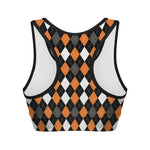 Orange Black Grey And White Argyle Print Women's Sports Bra
