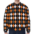 Orange Black Grey And White Argyle Print Zip Sleeve Bomber Jacket