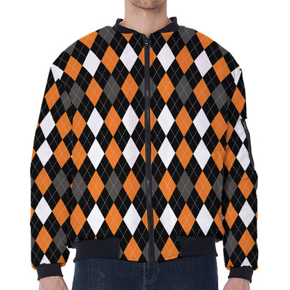 Orange Black Grey And White Argyle Print Zip Sleeve Bomber Jacket