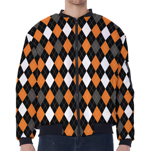 Orange Black Grey And White Argyle Print Zip Sleeve Bomber Jacket