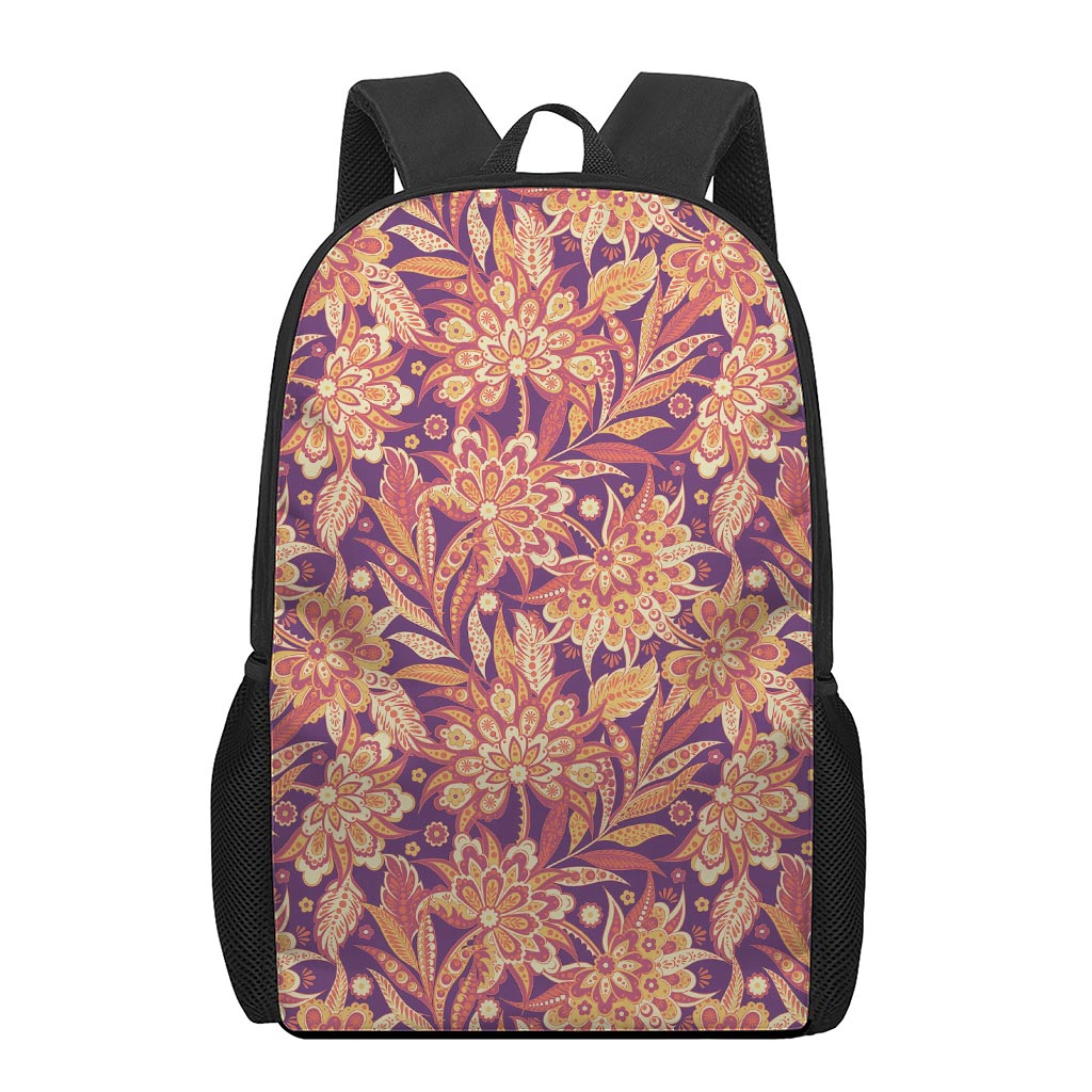 Orange Bohemian Floral Pattern Print 17 Inch Backpack