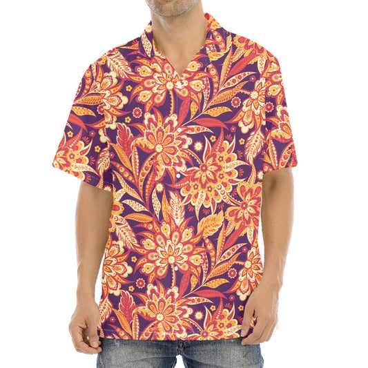 Orange Bohemian Floral Pattern Print Aloha Shirt