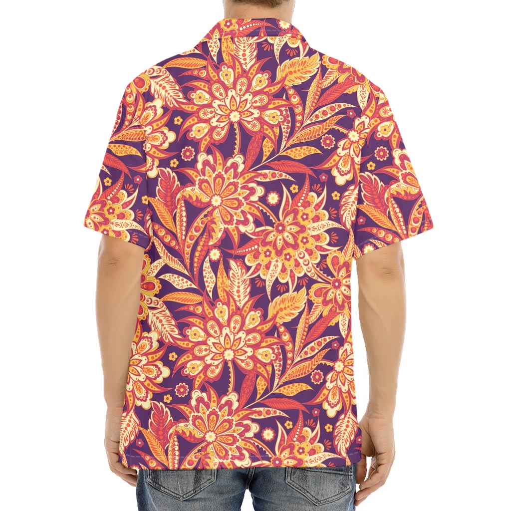 Orange Bohemian Floral Pattern Print Aloha Shirt