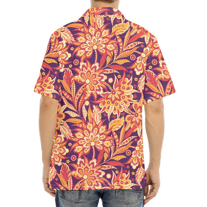 Orange Bohemian Floral Pattern Print Aloha Shirt