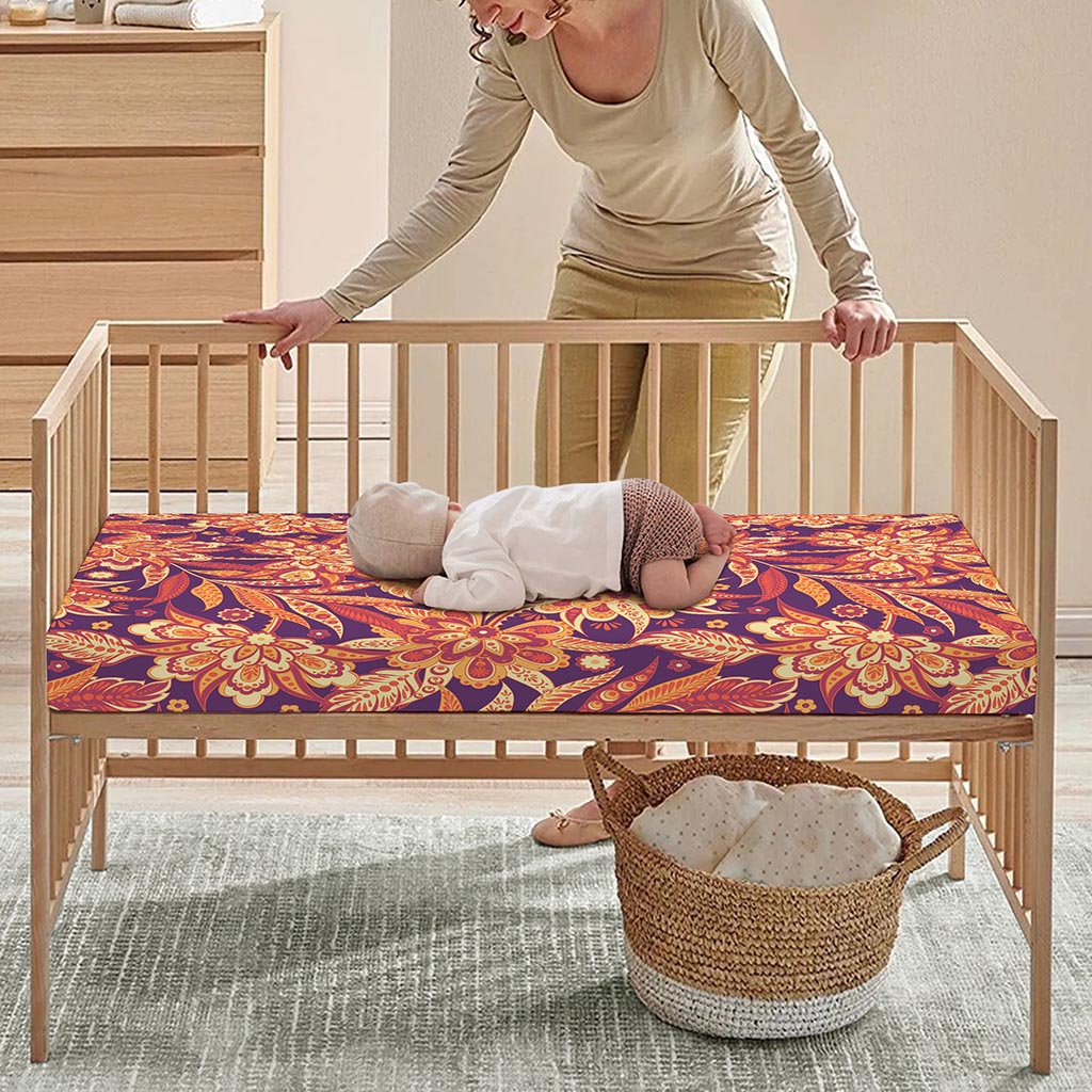 Orange Bohemian Floral Pattern Print Baby Crib Sheet