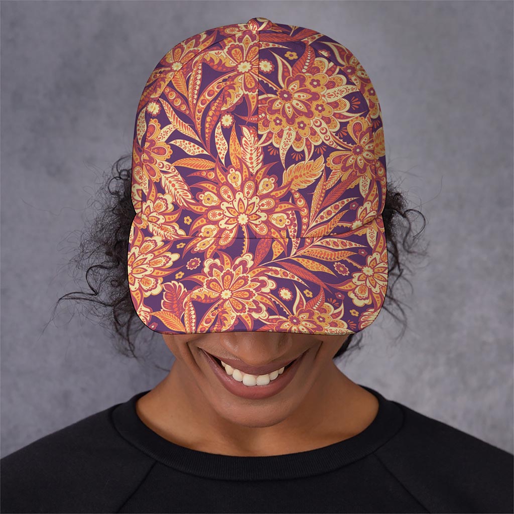 Orange Bohemian Floral Pattern Print Baseball Cap
