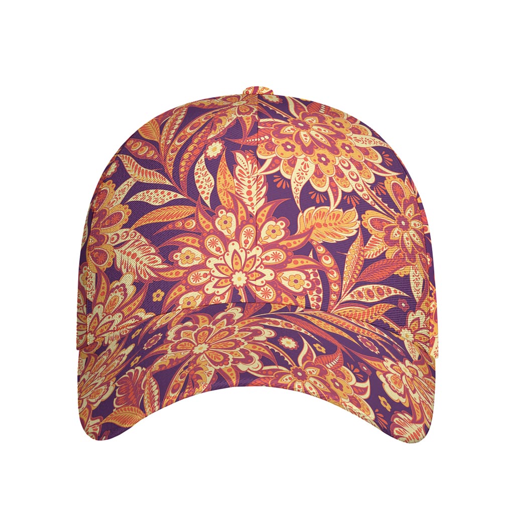 Orange Bohemian Floral Pattern Print Baseball Cap