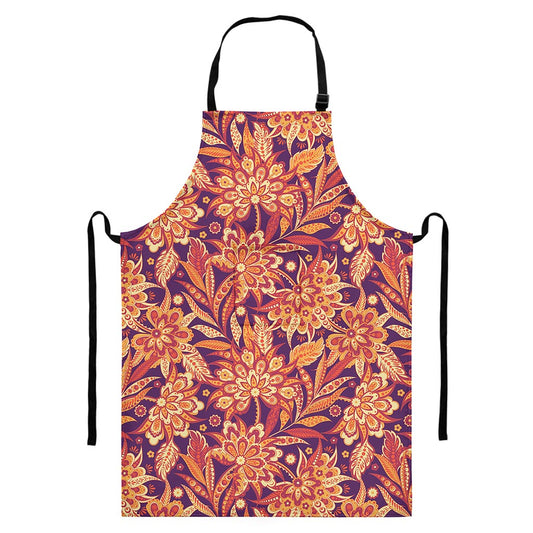 Orange Bohemian Floral Pattern Print Bib Apron With Pocket