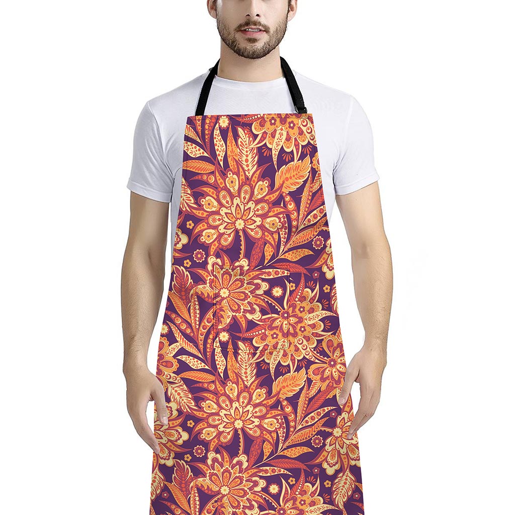 Orange Bohemian Floral Pattern Print Bib Apron With Pocket