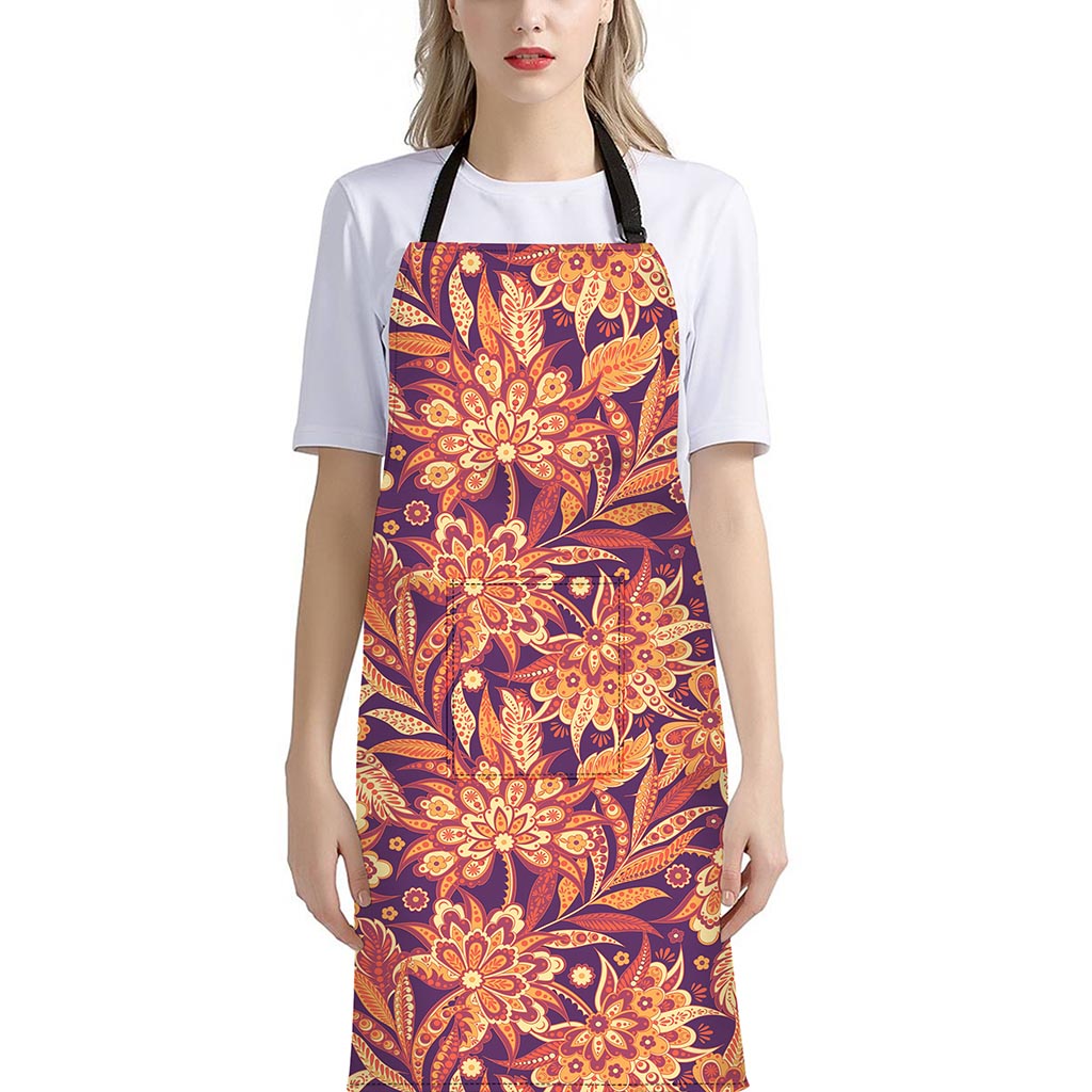 Orange Bohemian Floral Pattern Print Bib Apron With Pocket