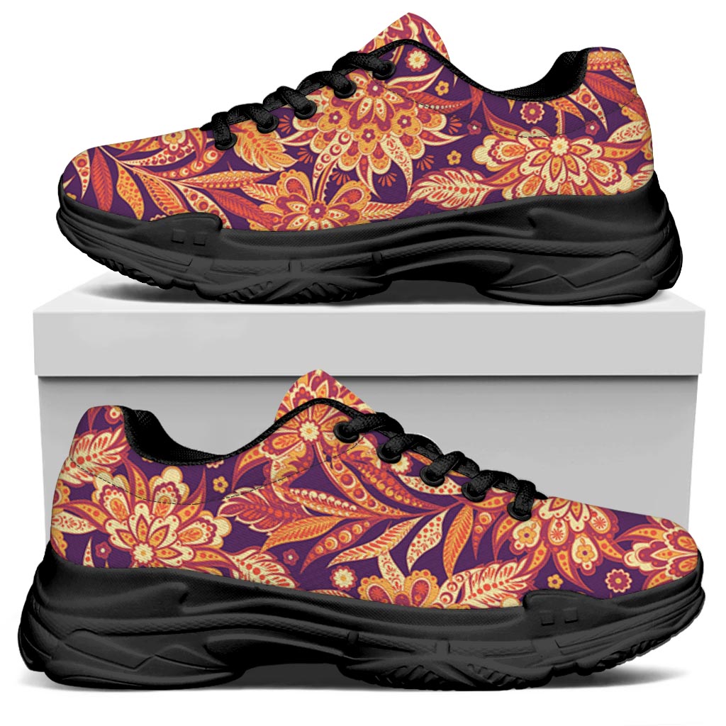 Orange Bohemian Floral Pattern Print Black Chunky Shoes