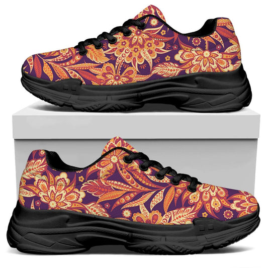 Orange Bohemian Floral Pattern Print Black Chunky Shoes