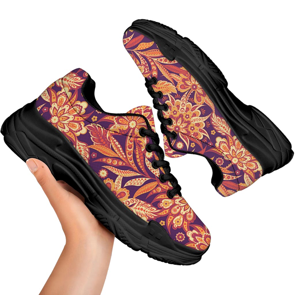 Orange Bohemian Floral Pattern Print Black Chunky Shoes