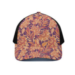 Orange Bohemian Floral Pattern Print Black Mesh Trucker Cap