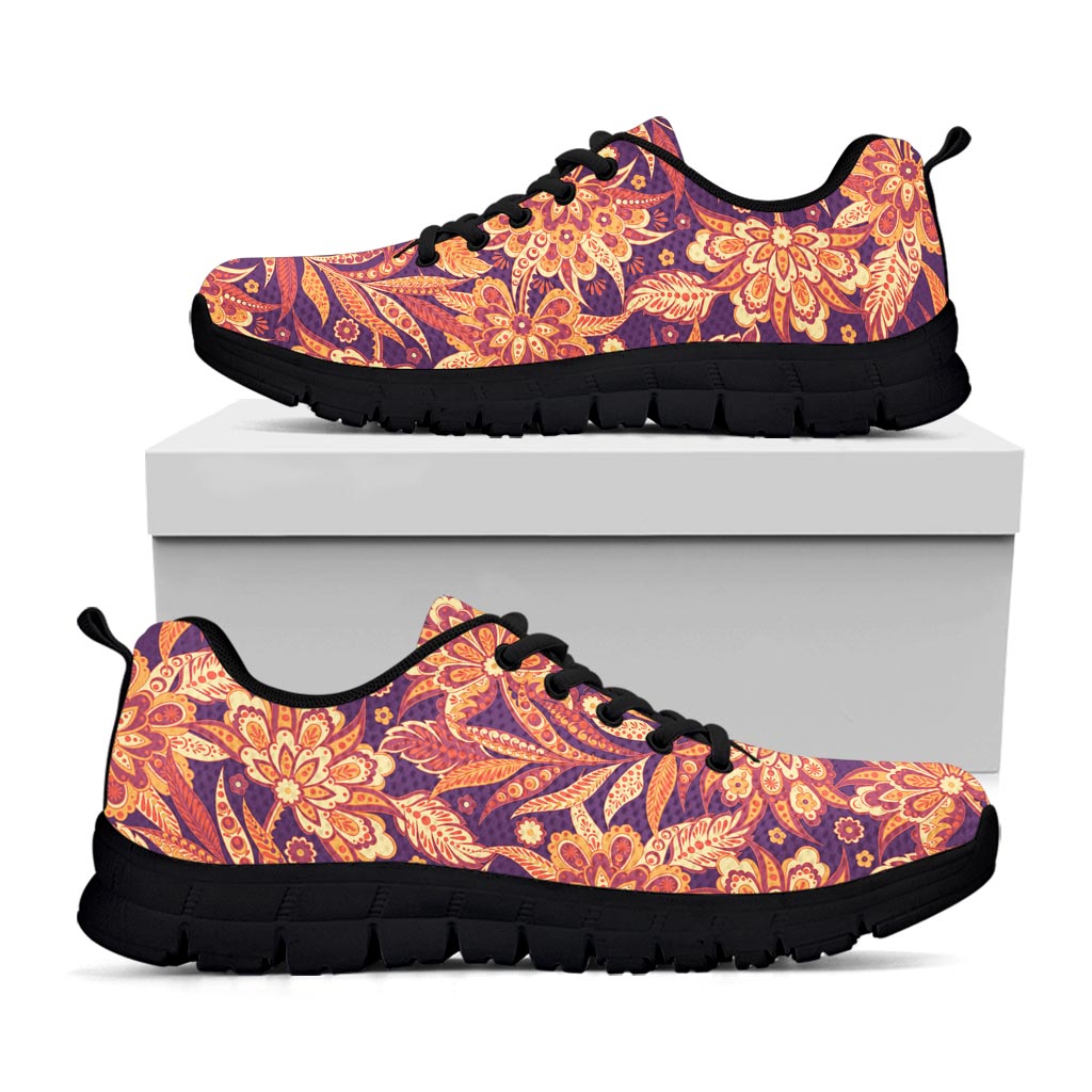 Orange Bohemian Floral Pattern Print Black Running Shoes