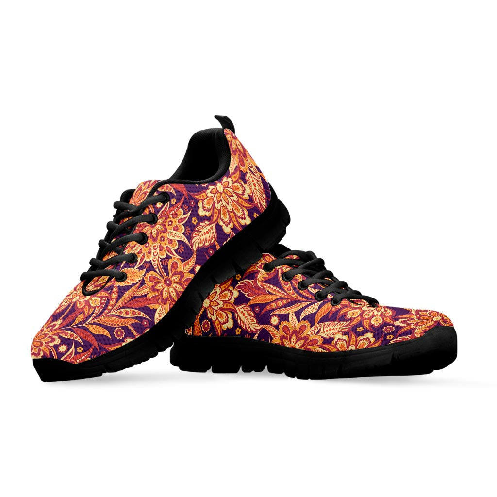 Orange Bohemian Floral Pattern Print Black Running Shoes