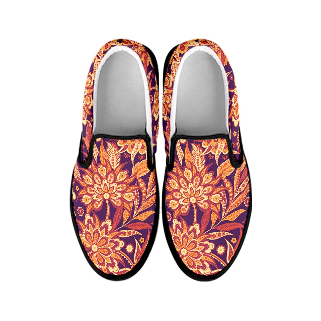 Orange Bohemian Floral Pattern Print Black Slip On Sneakers