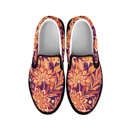 Orange Bohemian Floral Pattern Print Black Slip On Sneakers