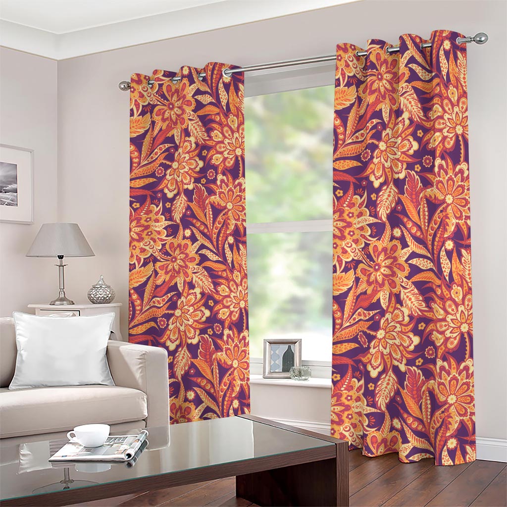 Orange Bohemian Floral Pattern Print Blackout Grommet Curtains