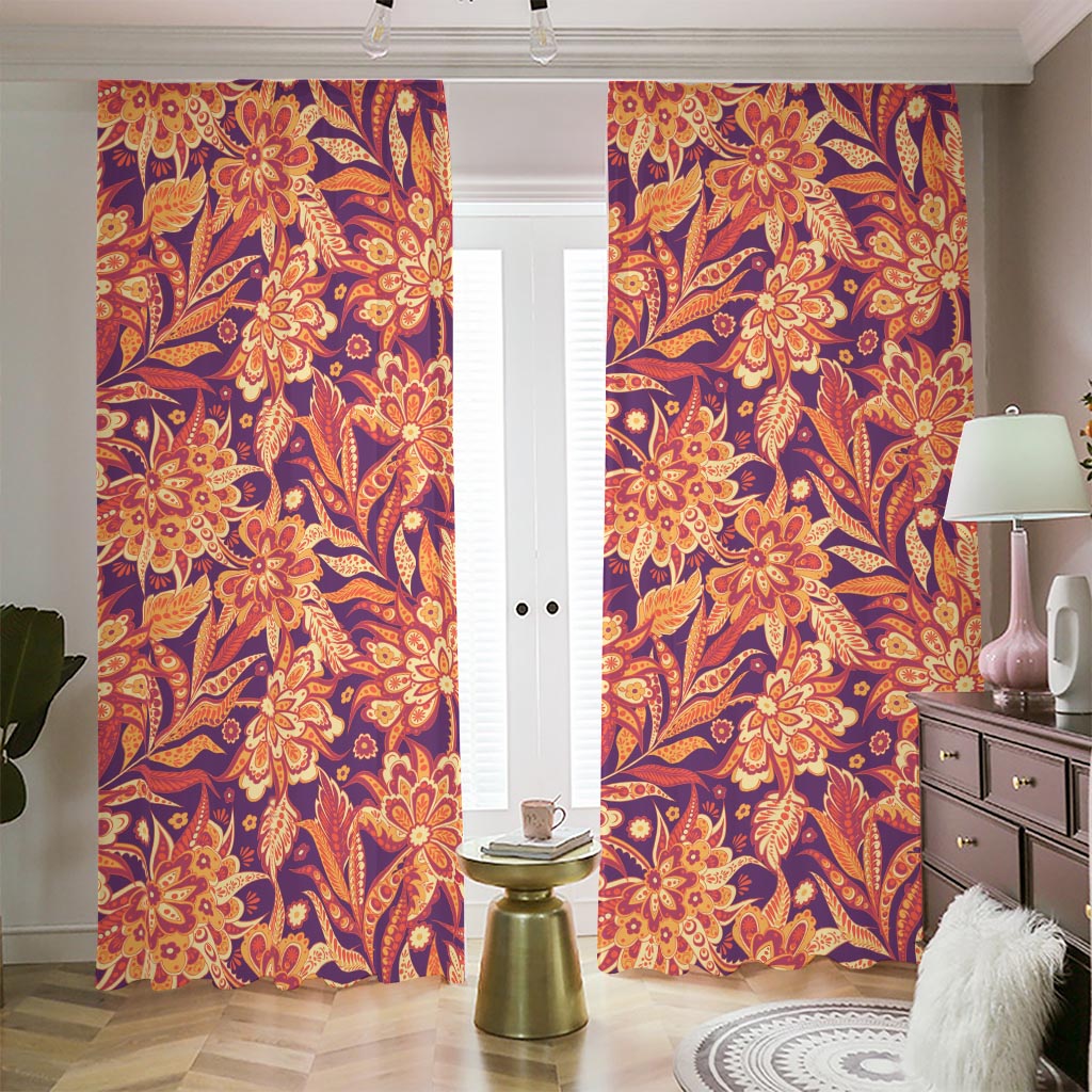 Orange Bohemian Floral Pattern Print Blackout Pencil Pleat Curtains