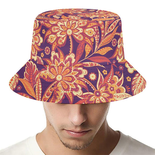 Orange Bohemian Floral Pattern Print Bucket Hat