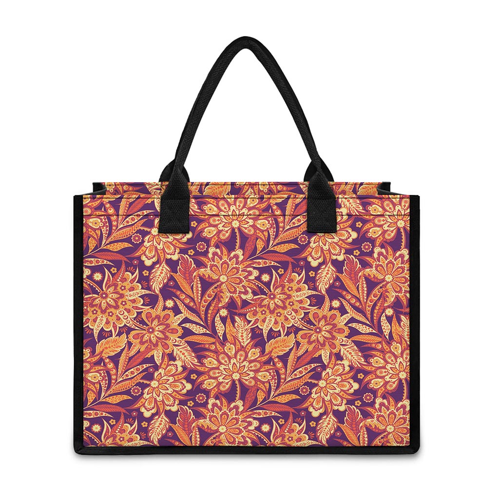 Orange Bohemian Floral Pattern Print Canvas Tote Bag