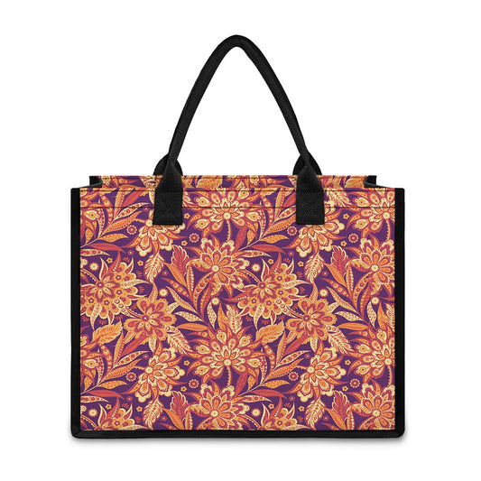 Orange Bohemian Floral Pattern Print Canvas Tote Bag