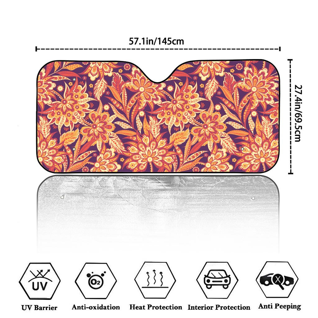 Orange Bohemian Floral Pattern Print Car Windshield Sun Shade