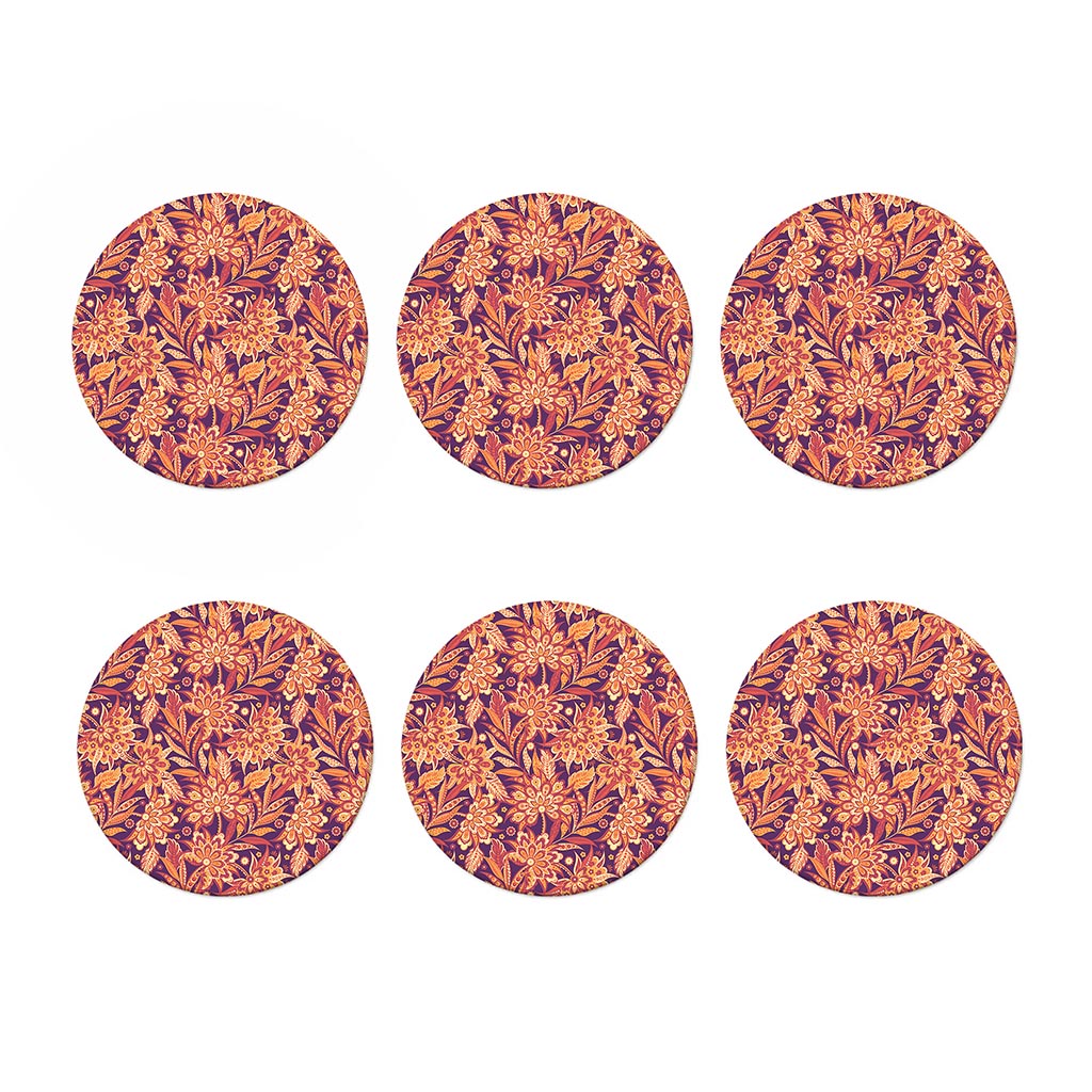 Orange Bohemian Floral Pattern Print Coaster Set