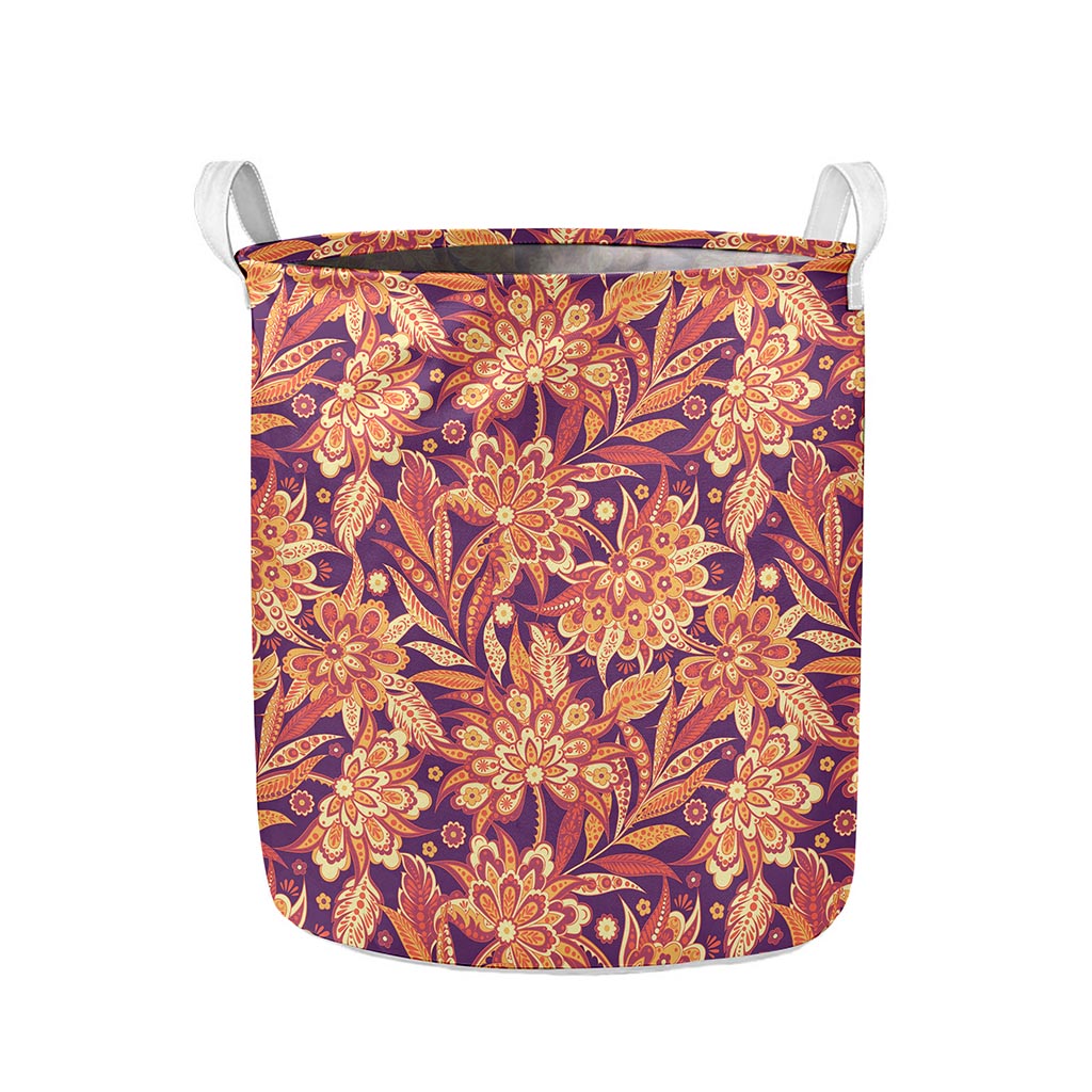 Orange Bohemian Floral Pattern Print Collapsible Laundry Basket