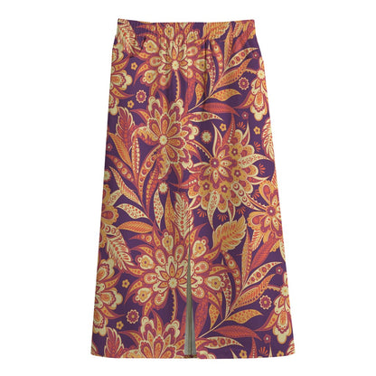 Orange Bohemian Floral Pattern Print Cotton Front Slit Maxi Skirt