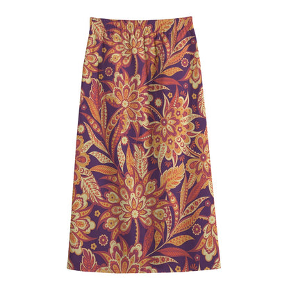 Orange Bohemian Floral Pattern Print Cotton Front Slit Maxi Skirt