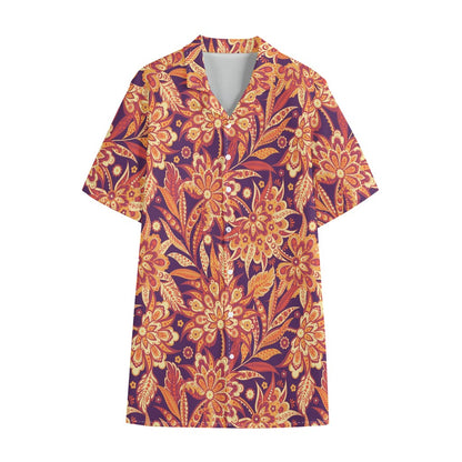 Orange Bohemian Floral Pattern Print Cotton Hawaiian Shirt