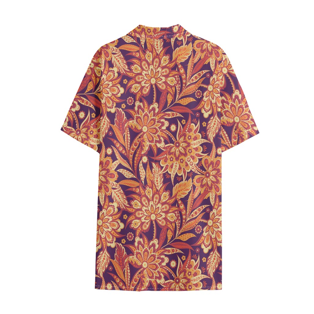 Orange Bohemian Floral Pattern Print Cotton Hawaiian Shirt