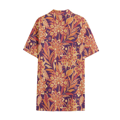 Orange Bohemian Floral Pattern Print Cotton Hawaiian Shirt